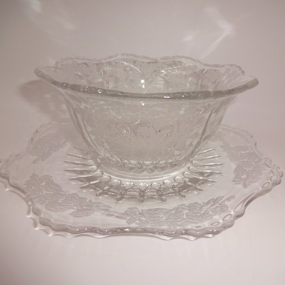 Vintage New Martinsville Flower Basket Clear Glass Mayonnaise Bowl & Underplate
